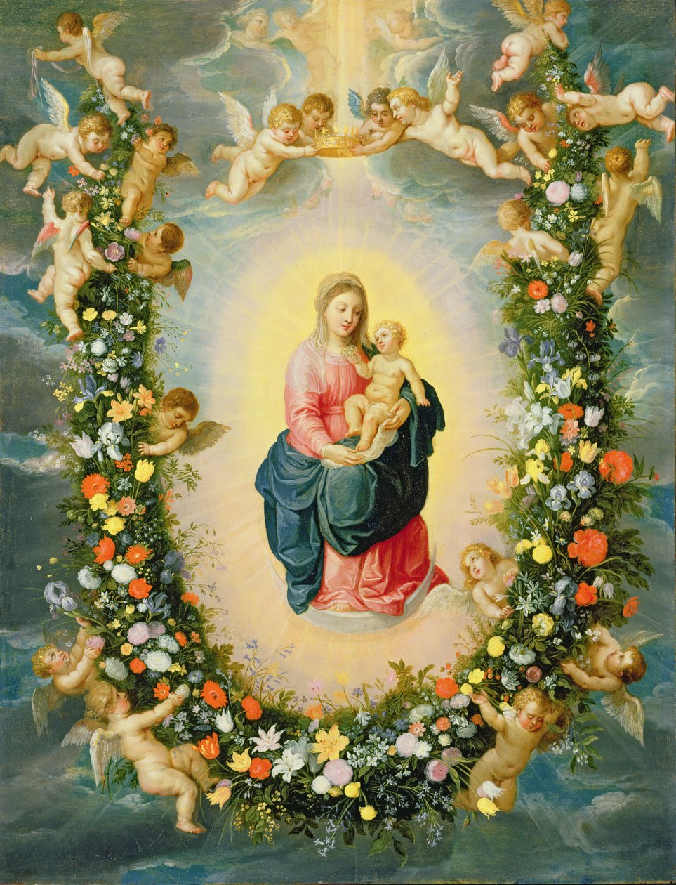 Madonnaen og barnet i en blomsterkrans (olje på kobber) av Jan and Balen, Hendrik van Brueghel