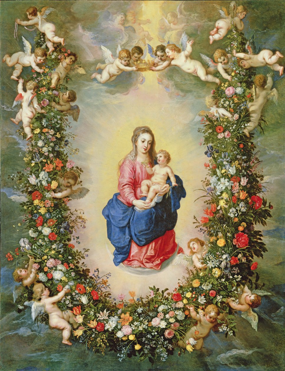 Jomfruen og barnet omkranset av en krans av blomster holdt oppe av kjeruber, ca. 1624 (olje på kobber) av Jan and Balen, Hendrik van Brueghel