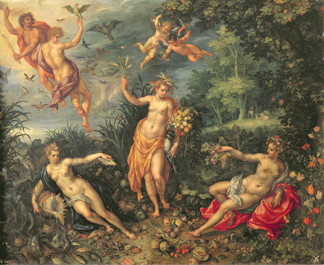 Overflod og de fire elementene, ca. 1606 (olje på kobber) av Jan and Clerk, H. Brueghel