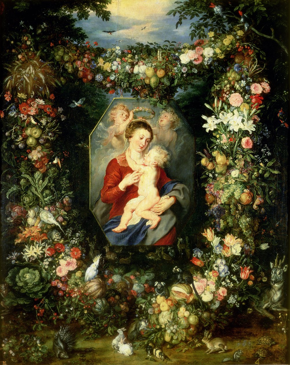 Jomfruen og barnet i en krans av frukt og blomster, ca. 1614-18 av Jan and Rubens, P.P. Brueghel