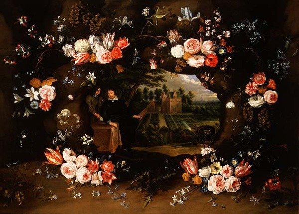 Blomsterkrans som omkranser en medaljong som representerer Nicolas de Man foran eiendommen hans i Antwerpen, 1653 av Jan and Uden Brueghel