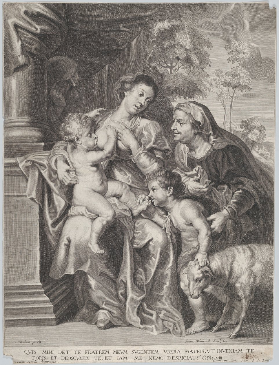 Den hellige familie med Elizabeth og spedbarnet St. Johannes døperen, jomfruen som ammer spedbarnet Kristus, ca. 1635-42 av Jan Witdoek