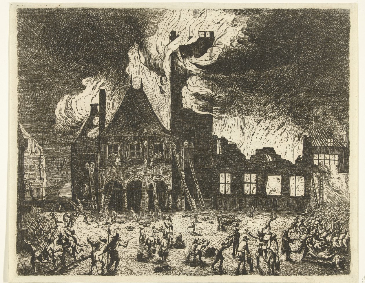 Brannen i det gamle rådhuset i Amsterdam, 1652 Skildring av den gamle Stadthuys som ble brent til Amsterdam 7. juli 1652 av Jan de Baen