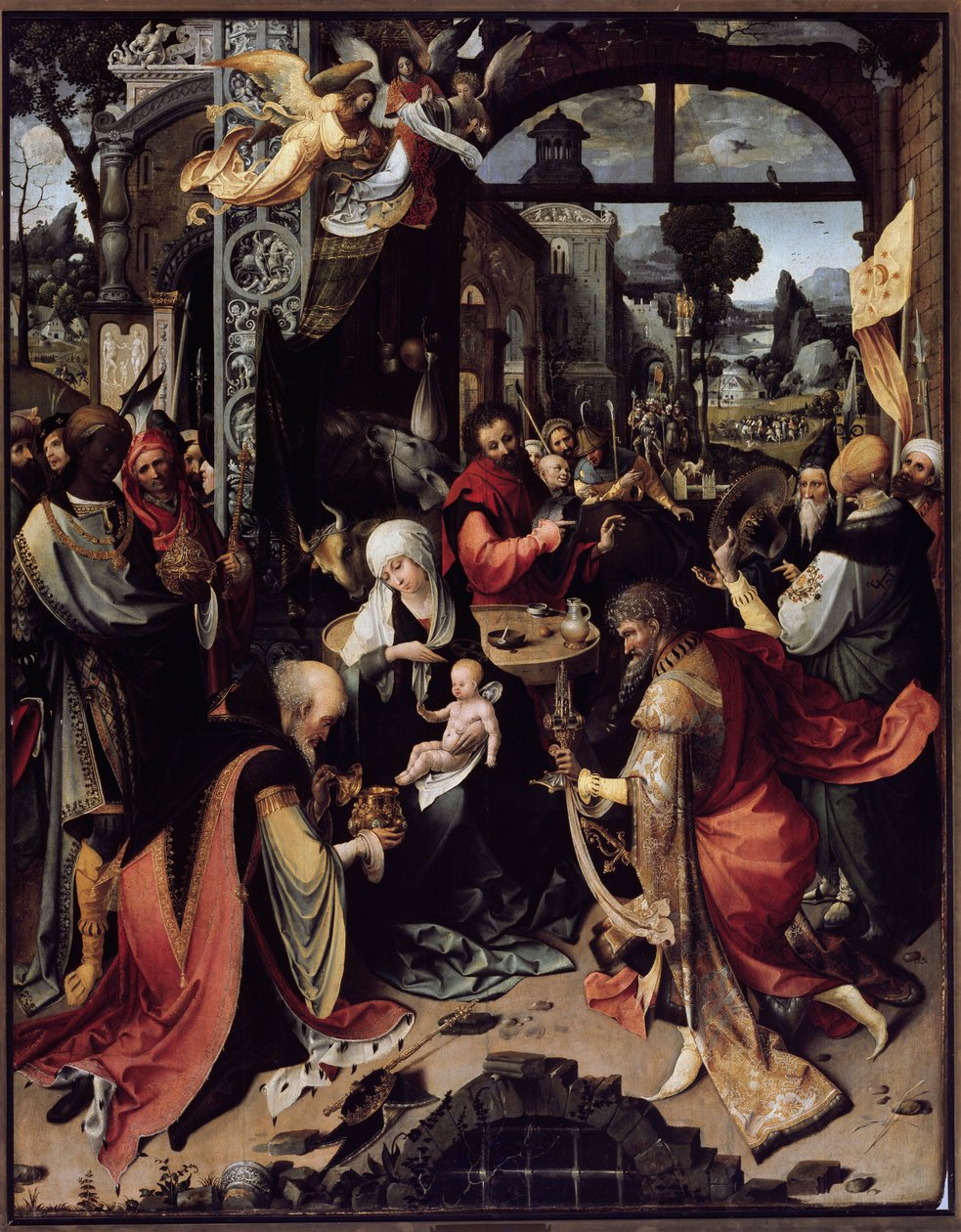 Tilbedelsen av magiene (sentralpanel) (olje på panel, ca. 1520) av Jan de Beer