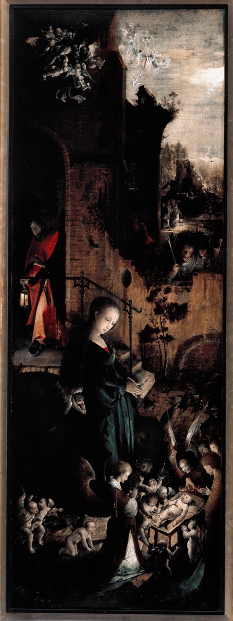 Triptych of Adoration of the Magi: the Nativity (høyre panel) (Olje på valnøttpanel av Jan de Beer