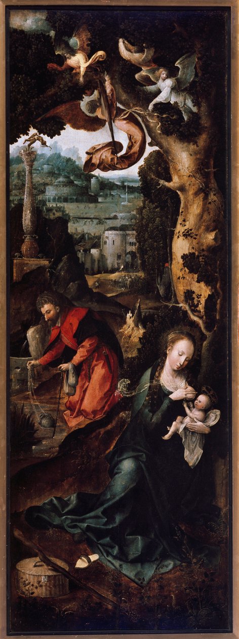 Triptych of the Adoration of the Magi, nativitet og hvile under flyturen til Egypt Detalj av venstre panel som representerer resten under flyturen til Egypt av Jan de Beer