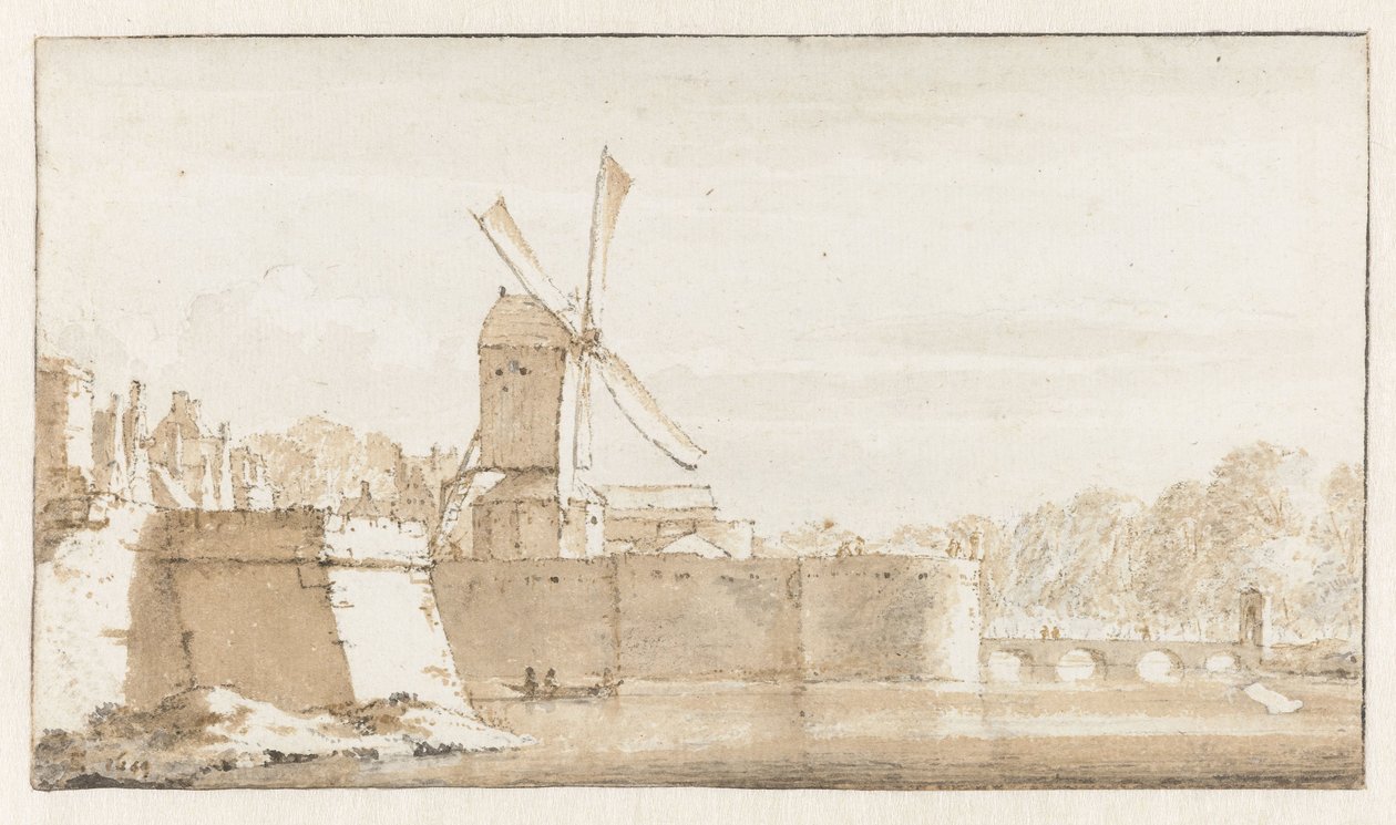 Utsikt over Rembrandts vindmølle, vollene ved Morspoort og Pelican-festningen av Jan de Bisschop