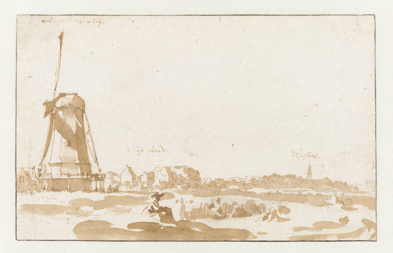 Utsikt over en mølle fra bredden av Rhinen av Jan de Bisschop