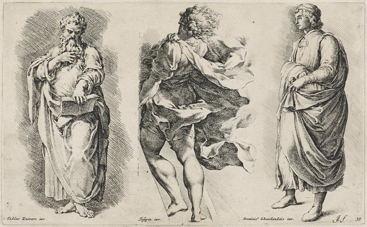 Tre figurer uten tittel etter tre italienske kunstnere (radering på lagt papir med vannmerke til våpenskjold) av Jan de Bisschop