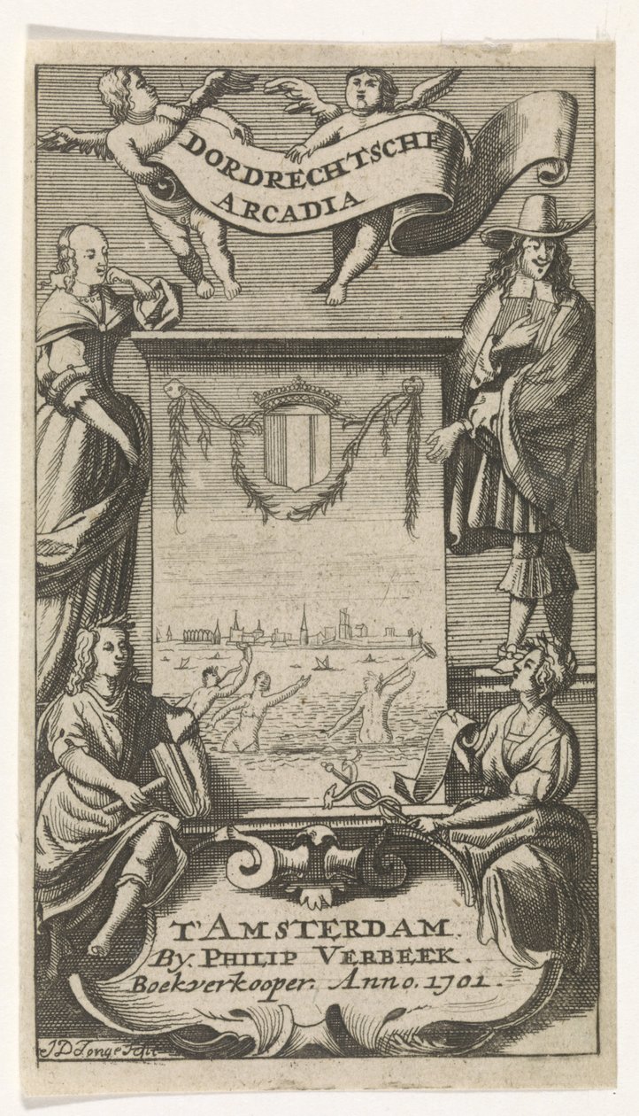 Fire figurer rundt en ramme med utsikt over Dordrecht Tittelside for: Dordrechtsche Arcadia, 1701 av Jan de Jonge