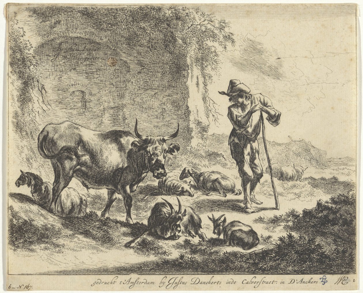 Hyrde hviler på staven ved en ruin Landskap med hyrder og storfe (serietittel) av Jan de Visscher
