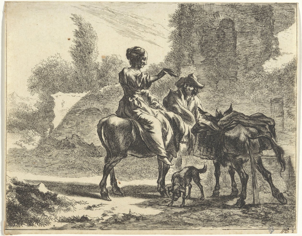 Hyrder og esler ved et drikketrau Landskap med hyrder og storfe (serietittel) av Jan de Visscher