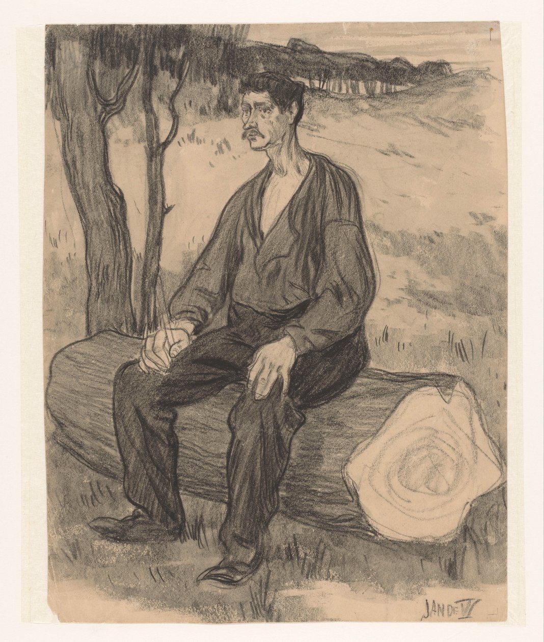 Mann sitter på trestammen av Jan de Waardt (signed by artist)