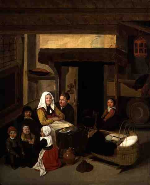 Et familieinteriør i en låve (olje på panel) av Jan or Johannes Hals