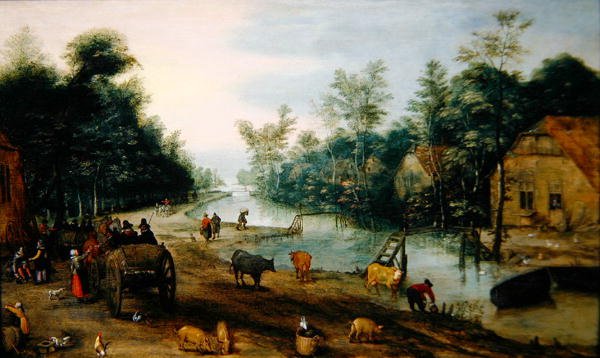 Et skogkledd elvelandskap om sommeren med reisende som ankommer et vertshus (olje på panel) av Jan the Elder (circle of) Brueghel