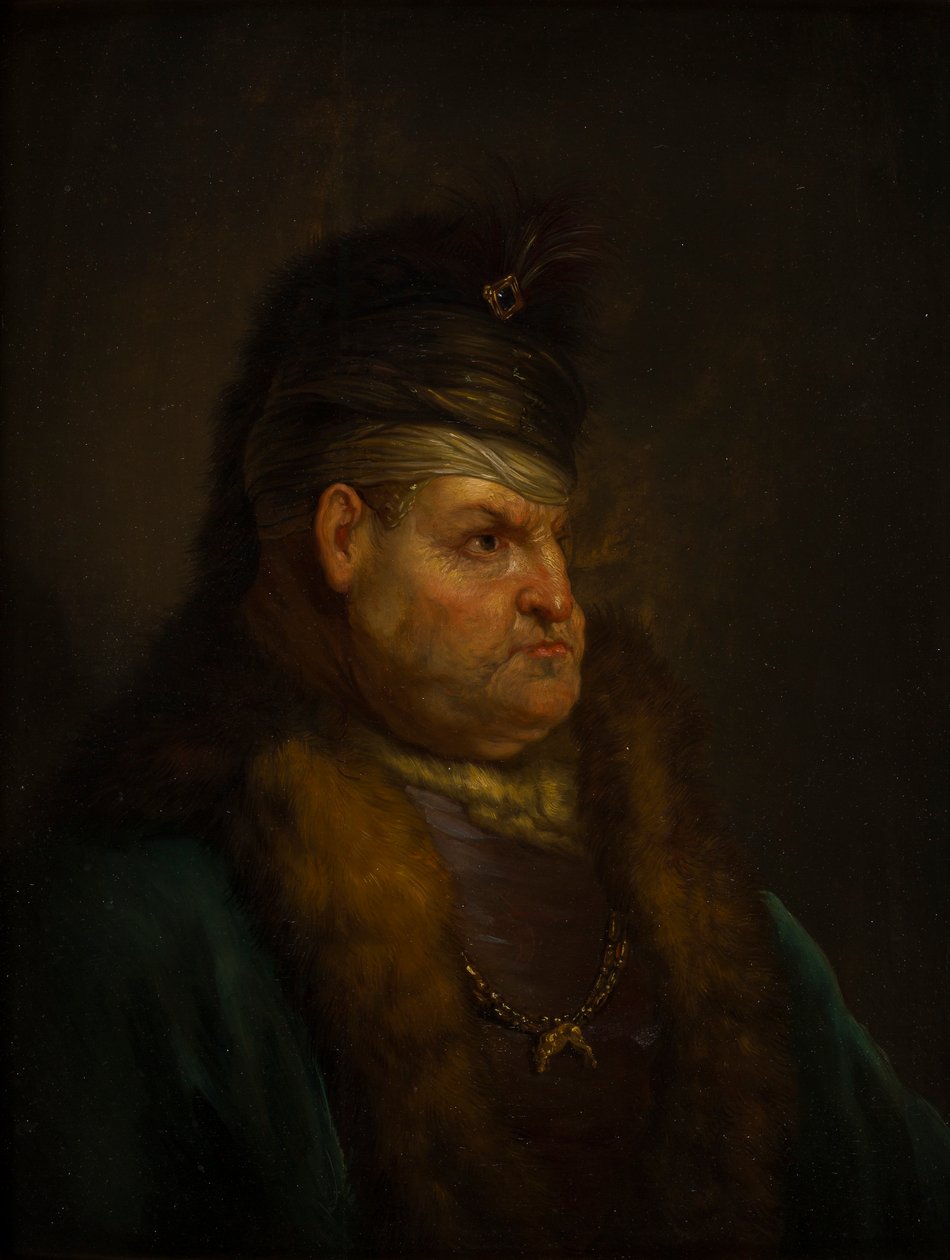 Portrett av en mann i en turban (olje på panel) av Jan the Elder (circle of) Lievens