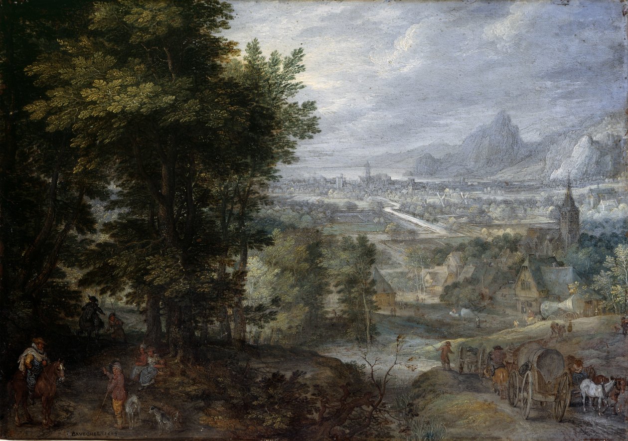 Et skogkledd landskap av Jan the Elder Brueghel