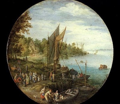 En skogkledd elvemunning med en ferge (olje på panel) av Jan the Elder Brueghel