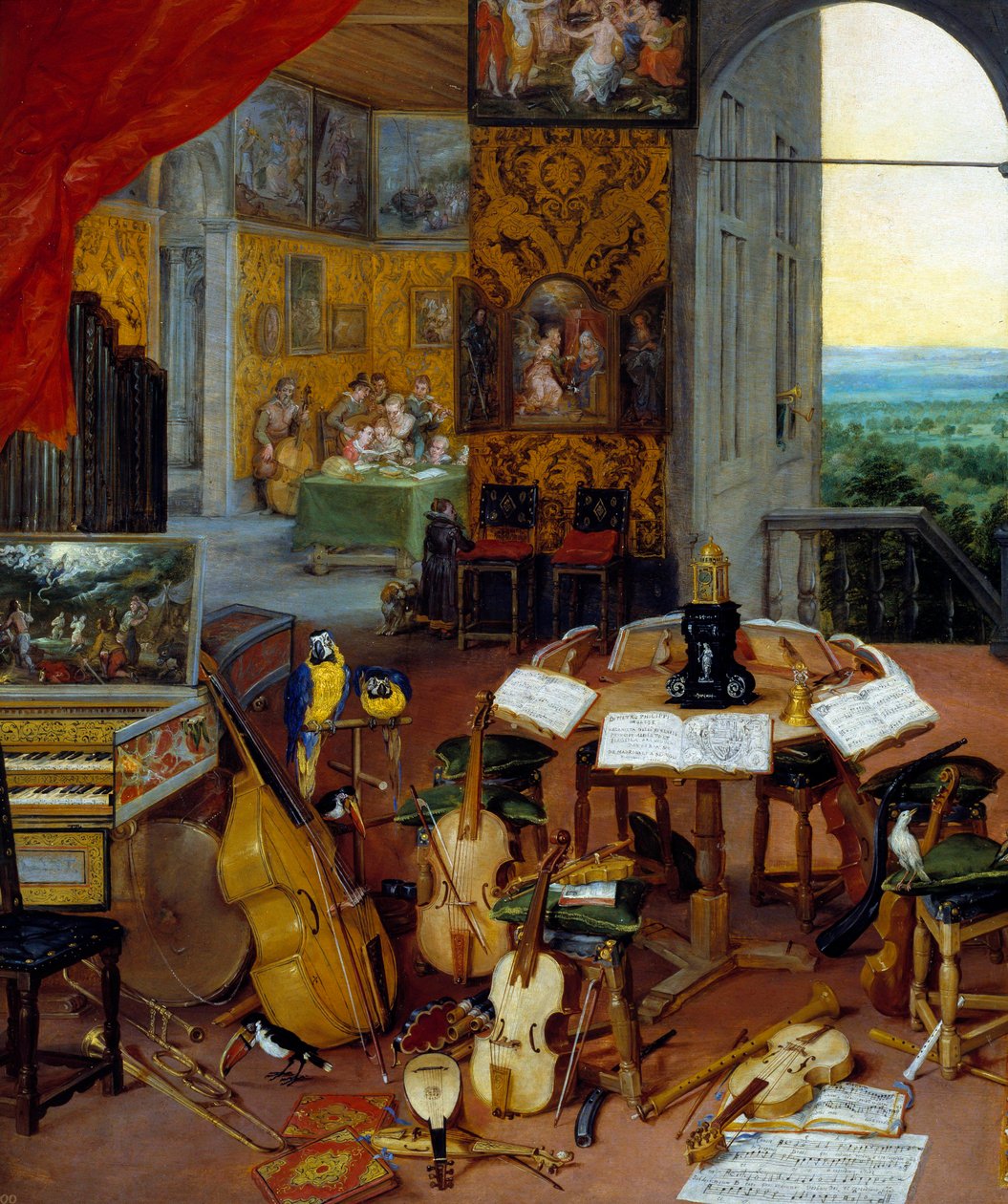 Detaljhøring som representerer musikkinstrumenter (cello, fiolin, lutt, fløyte, cembalo). Maleri av Jan Brueghel Le Vieux kaller Brueghel de Velours (Brueghel eller Brueghel av Jan the Elder Brueghel