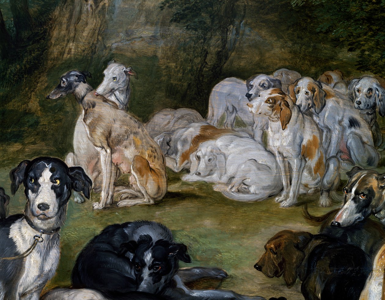 Hunder, detalj fra Diana og Nymphs på tidspunktet for å forlate av Jan the Elder Brueghel