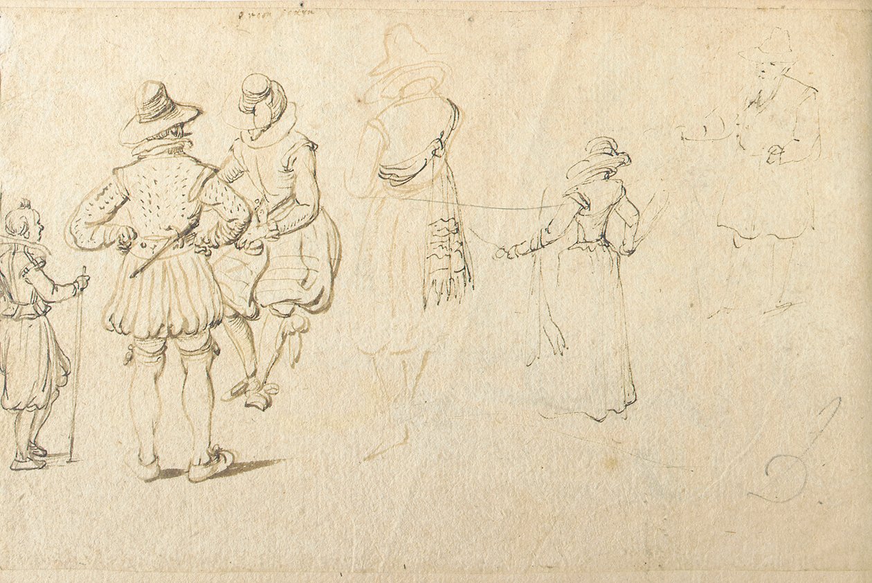 Fem figurer sett bakfra, og en annen figur av Jan the Elder Brueghel