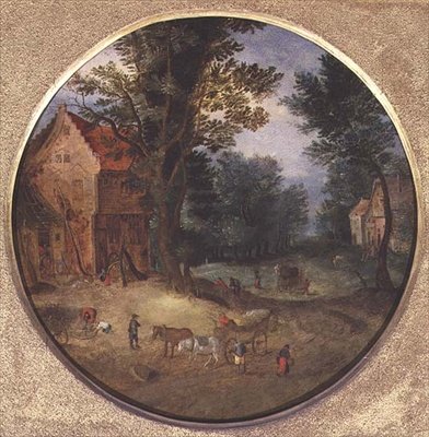 Flamsk landskap med vogner og figurer (tondo, panel) av Jan the Elder Brueghel