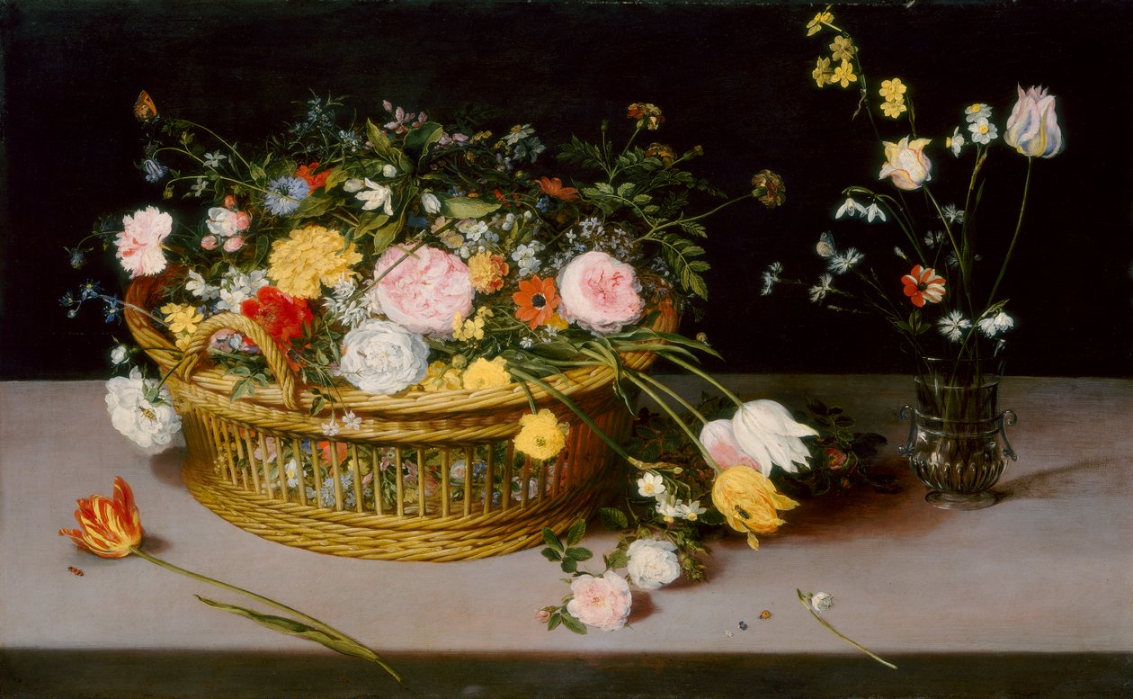 Blomster i en kurv og en vase, 1615 av Jan the Elder Brueghel