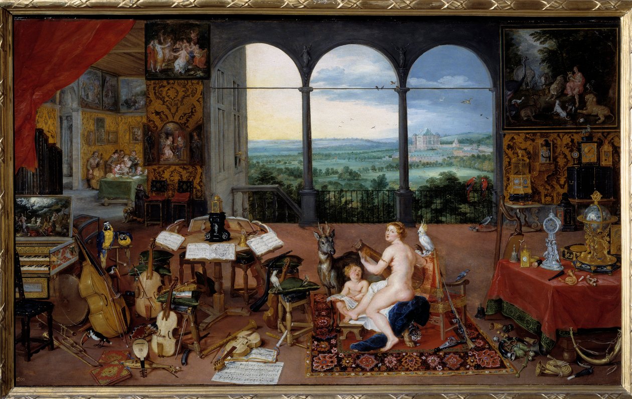 Hørsel. Allegori over de fem sansene Maleri av Jan I Brueghel Dit De Velours (1568-1625) Ec. Flam av Jan the Elder Brueghel