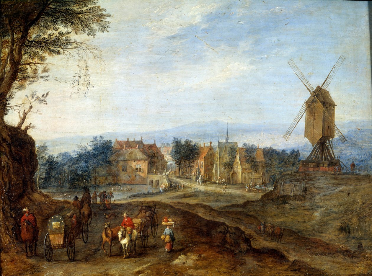 Landskap ved vindmøllen Maleri av Jan Brueghel Le Vieux kaller Bruegel de Velours (Brueghel eller Breughel av Jan the Elder Brueghel