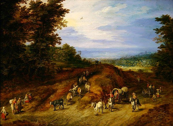 Landskap med bønder, vogner og dyr (olje på kobber) av Jan the Elder Brueghel