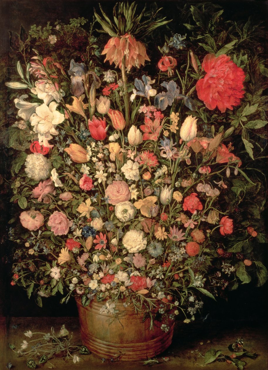 Stor bukett blomster i en trebalje av Jan the Elder Brueghel
