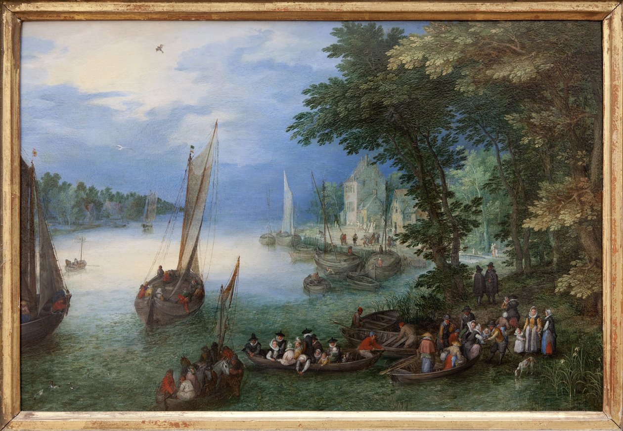 Elvescene eller barkagen, Oljemaleri på kobber av Jan Brueghel, dit Brueghel de Velours (1568-1625), ca. 1605. Mål: 24 x 36 cm. Fotografi, KIM Youngtae, Nantes, Musee des Beaux Arts de Nantes. av Jan the Elder Brueghel