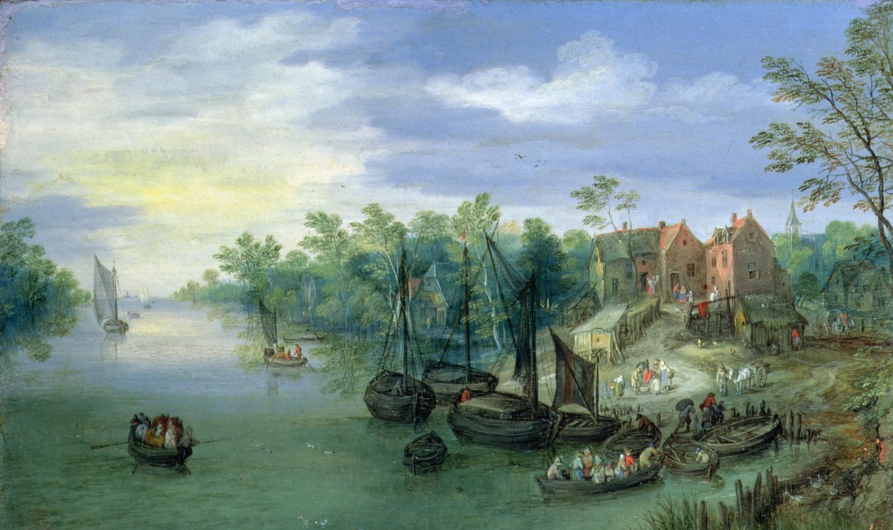 Elvefartøy nær en brygge, 1597 av Jan the Elder Brueghel