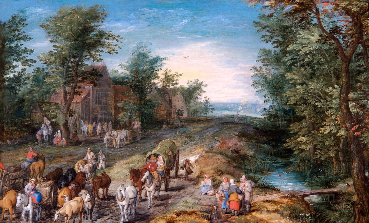 Veiscene med reisende og storfe, ca. 1611 (olje på eikepanel) av Jan the Elder Brueghel