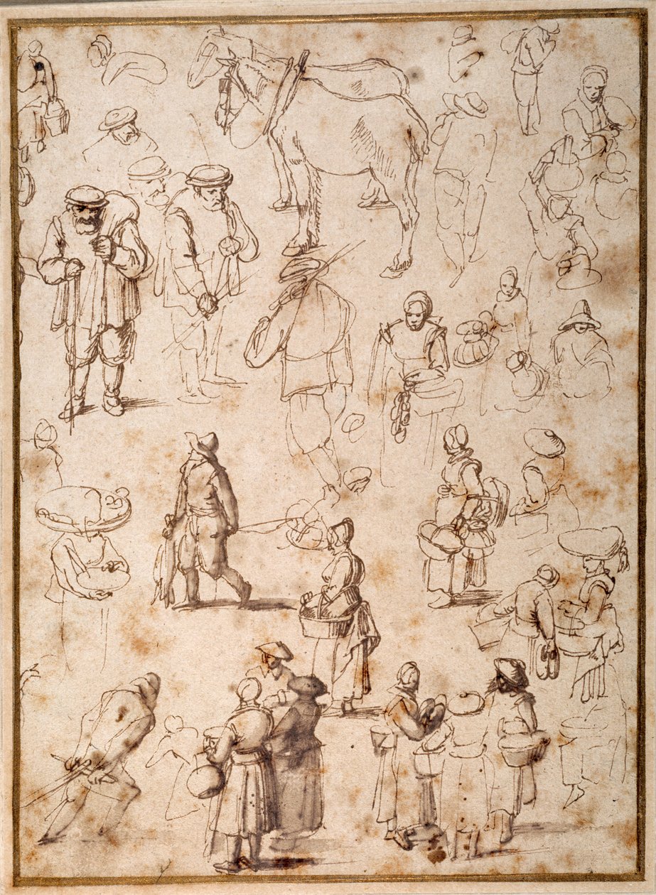 Studier av bønder fra livet (penn og blekk med vask på papir) av Jan the Elder Brueghel