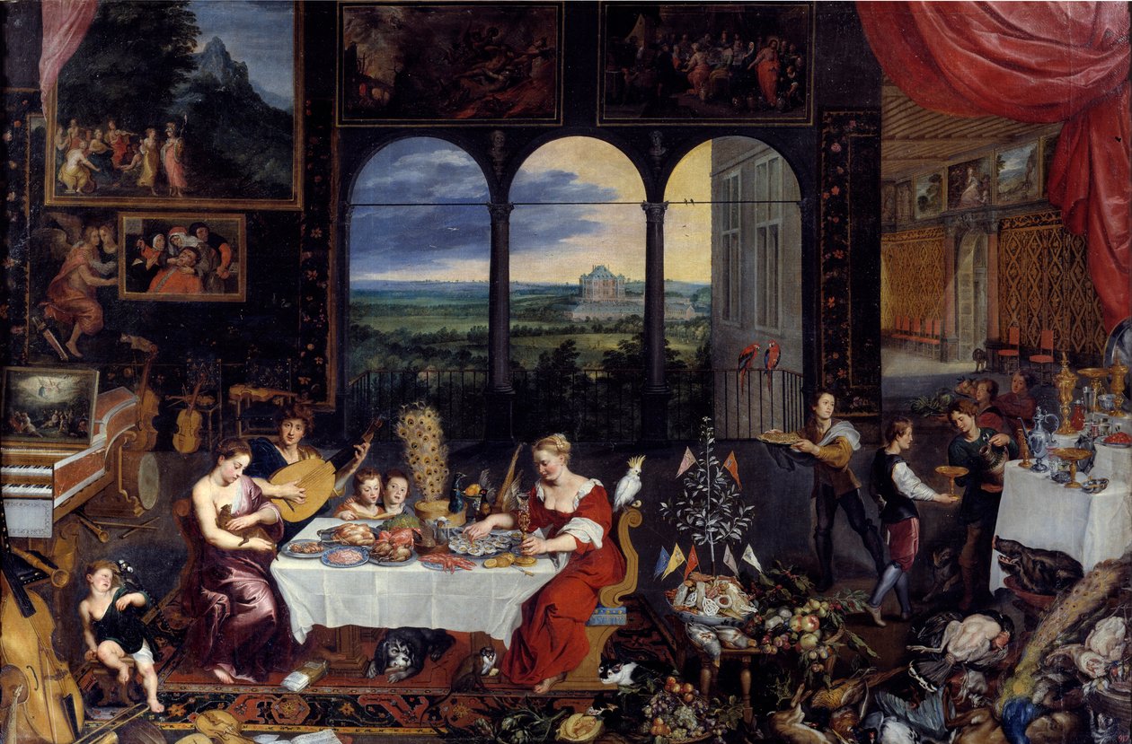 Smak, hørsel og berøring, 1618 av Jan the Elder Brueghel