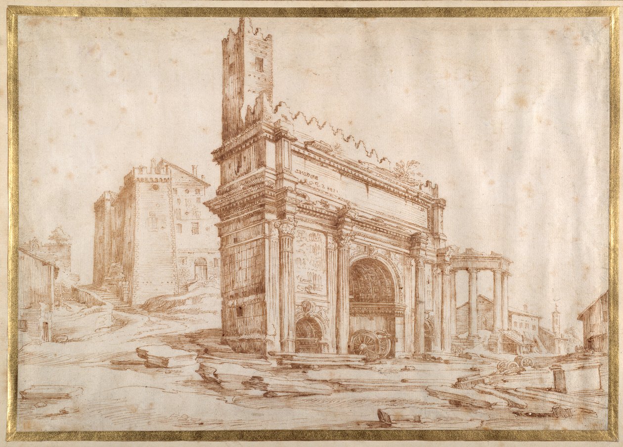 The Arch of Septimus Severus, Roma (penn og blekk på papir) av Jan the Elder Brueghel