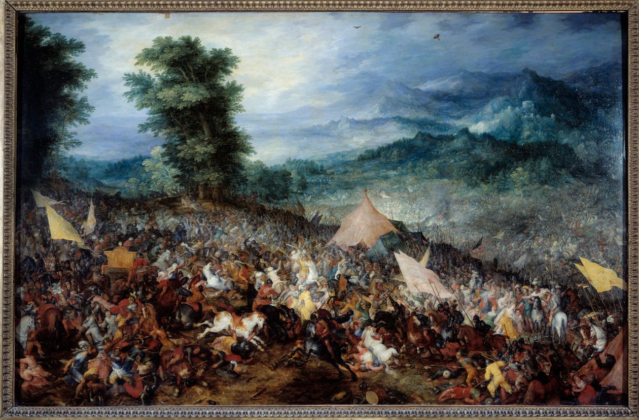 Slaget ved Arbels (eller Issos) Alexander den store (356-323 f.Kr.) og hans hær under slaget ved Issos, der den makedonske kongen beseiret Darios (Darius) III, den siste kongen av Rouenid-dynastiet, i 333 f.Kr. JC. Maleri av Jan Breugel Le Vieux c av Jan the Elder Brueghel