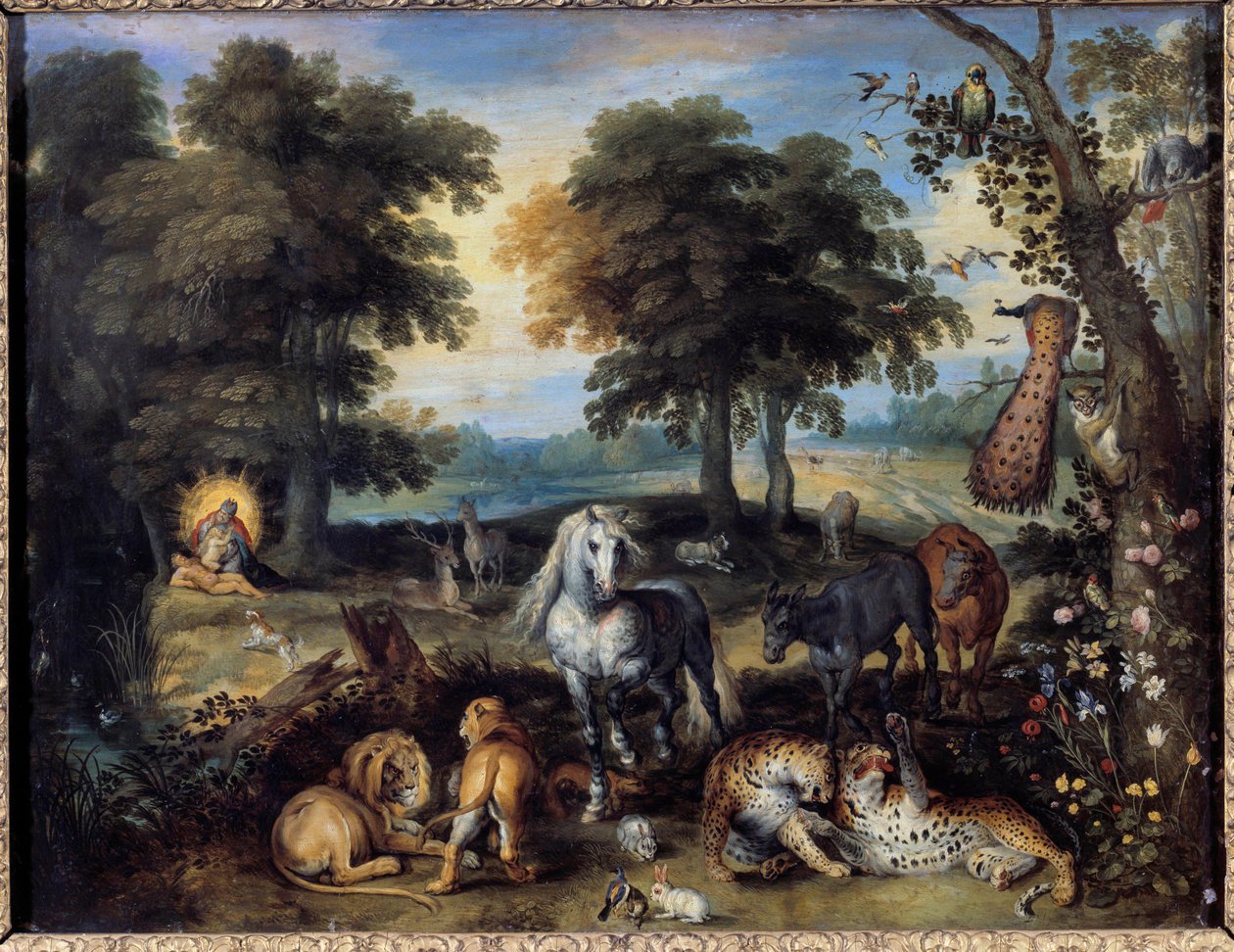 Jordens paradis Forskjellige dyr som bor sammen i Edens hage, nederst til venstre skaper Gud Eva fra en side av Adam. Maleri av Jan Bruegel (eller Breugel eller Brueghel eller Breughel) den tidligere kjent som Bruegel de Velours (1568-1625) 17. århundre av Jan the Elder Brueghel