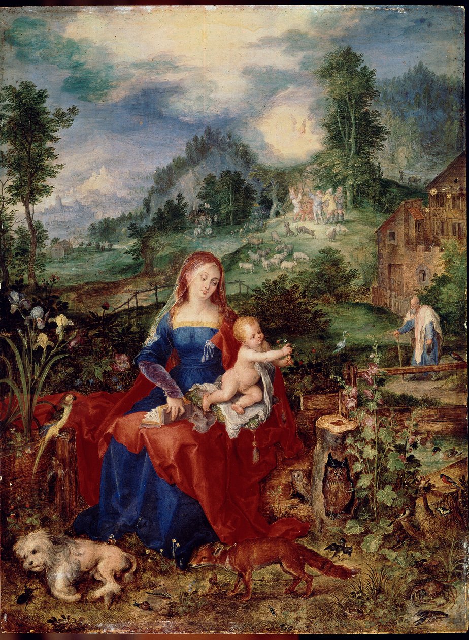 Den hellige familie med jomfrudyr som blar i en bok, og holder Jesusbarnet, omgitt av en hund, rev, fugler, krabbe, ugle, papegøye; frosk, snegl og iris. Maleri av Jan Breugel den eldre kaller Bruegel de Velours (Brueghel eller Breughel av Jan the Elder Brueghel