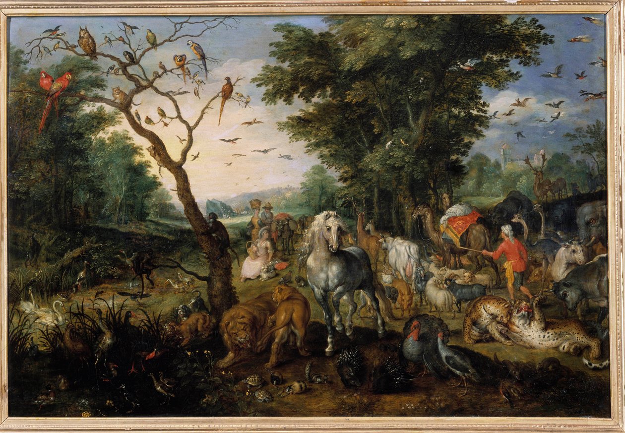 Bordingen av dyr i Ark of Noe Maleri av Jan Bruegel (eller Breugel eller Brueghel eller Breughel) den tidligere kjent som Bruegel de Velours (1568-1625) 1600-tallets Orleans, Musee des Beaux Arts - Dyrenes inntreden i Noahs ark Maleri av Jan av Jan the Elder Brueghel