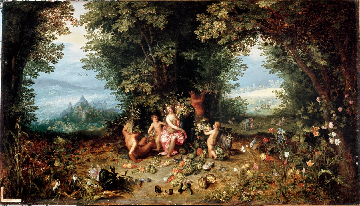 De fire elementene: "Jorden"" Allegori. Utsikt over det jordiske paradis med frukt, grønnsaker, blomster og dyr (inkludert marsvin (hamster) Maleri av Jan Breugel Le Vieux kaller Bruegel de Velvet (Brueghel eller Breughel) av Jan the Elder Brueghel
