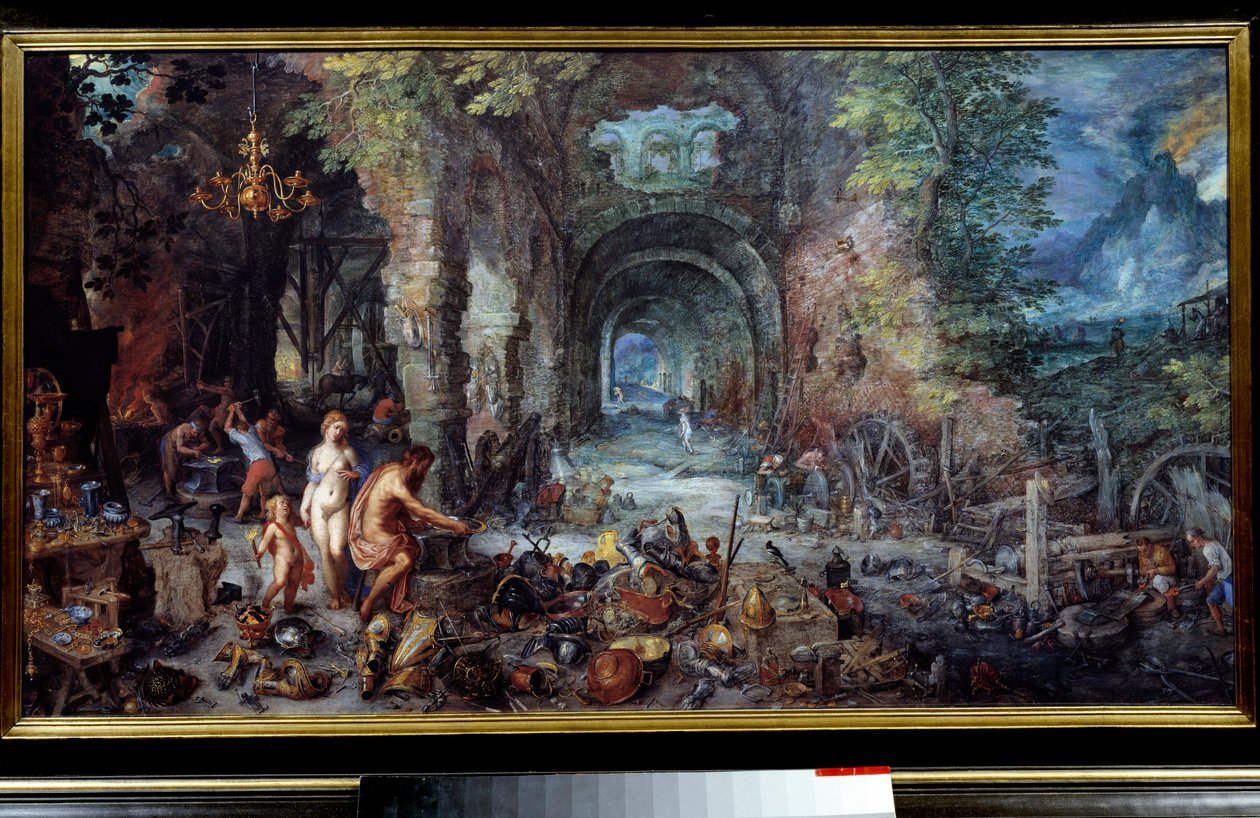 De fire elementene: «The Fire»» Allegori. Kom og Vulcan i smeden, og lager våpen til sønnen deres Enee. Rundt dem arbeider smeder og gullsmeder med rustninger, våpen, vaser, smykker, drikkebeger, fat og gryter. Maleri av Jan Breugel Le V av Jan the Elder Brueghel