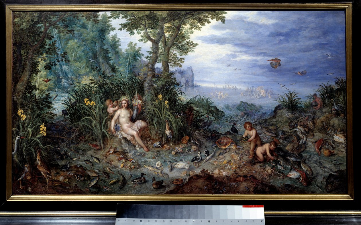 De fire elementene: "Vann" Allegori. Ung kvinne med ender, fisk. Maleri av Jan Brueghel Le Vieux kaller Brueghel de Velours (Brueghel eller Brueghel av Jan the Elder Brueghel