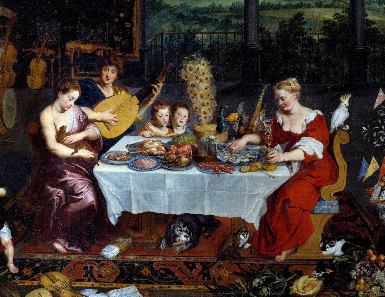 Smaken. Detalj som representerer et måltid med sjømat, fjærfe i nærvær av musikere. Maleri av Jan Brueghel Le Vieux kaller Brueghel de Velours (Brueghel eller Brueghel av Jan the Elder Brueghel
