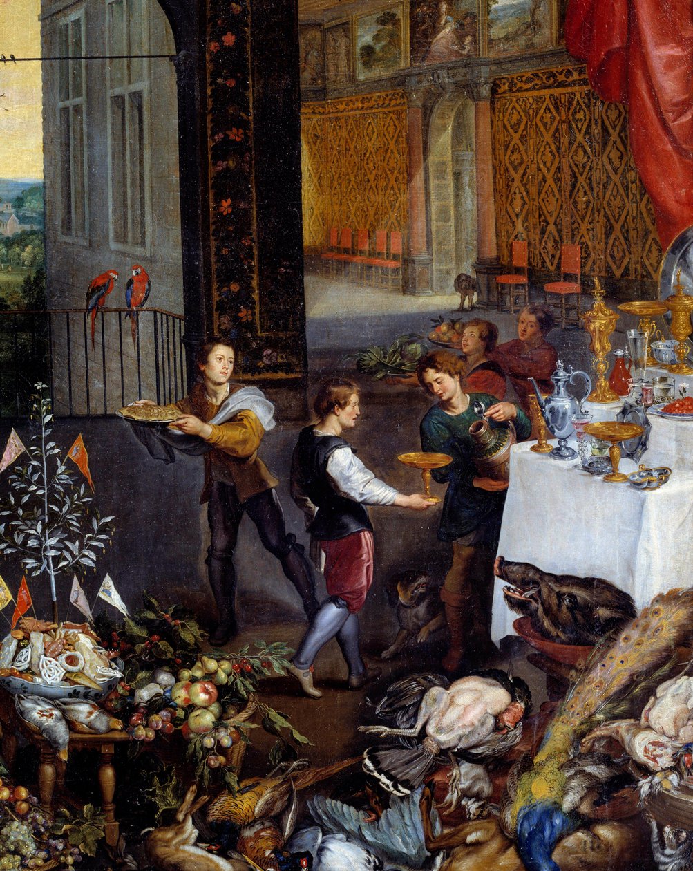 Smaken. Detalj som representerer tjenerne som bringer rettene med vilt, fjærfe på en bankett. Maleri av Jan Brueghel Le Vieux kaller Brueghel de Velours av Jan the Elder Brueghel