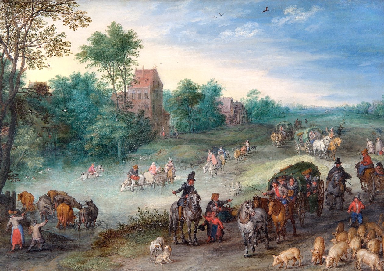 Reisende på landevei, med storfe og griser av Jan the Elder Brueghel