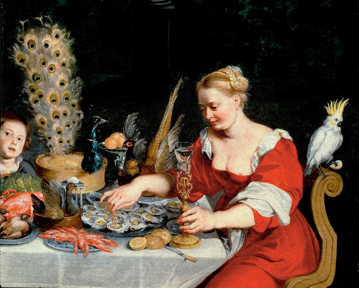 Kvinne som spiser østers, detalj fra Allegory of Four Elements av Jan the Elder Brueghel