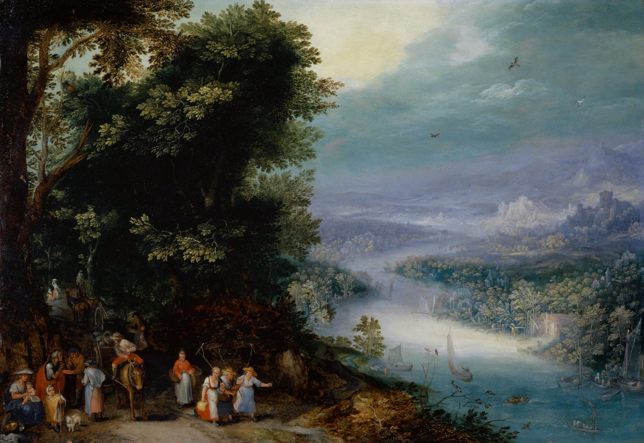Skogkledd elvedal med vei, ca.1602 av Jan the Elder Brueghel