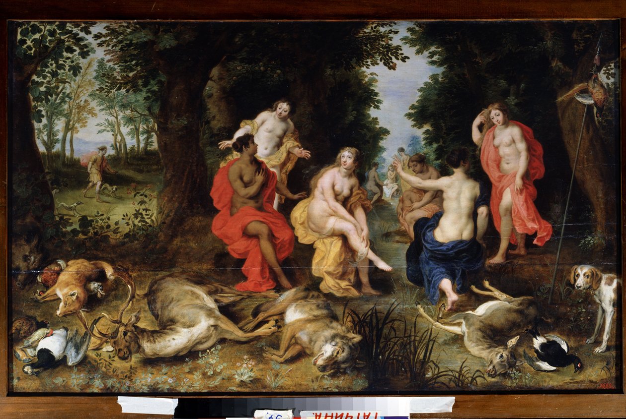 Dianas hvile på jakten Dyrene (ulv, hjort, rev) drept av jaktgudinnen ligger på bakken, mens hun hviler omgitt av nymfer. Maleri av Jan Breugel den eldre kalt Bruegel de Velours (Br av Jan the Elder Brueghel